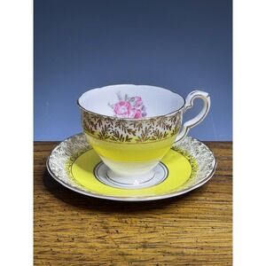 Vintage Royal Stafford England Teacup & Saucer Set Yellow Blue Floral Gold Trim
